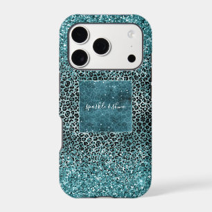 Glam Turquoise Teal Blue Leopard Print Glitter