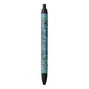 Glam Turquoise Teal Blue Leopard Print Glitter Black Ink Pen