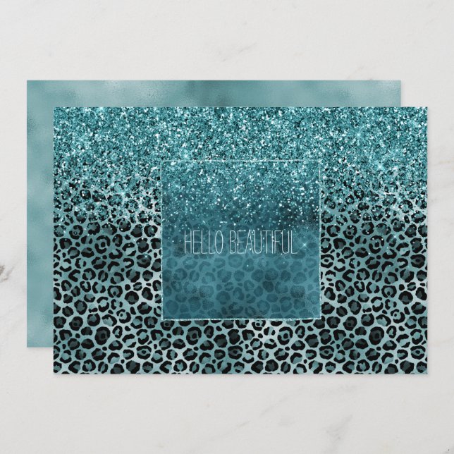 Glam Turquoise Teal Blue Leopard Print Glitter Card (Front/Back)