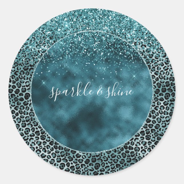 Glam Turquoise Teal Blue Leopard Print Glitter Classic Round Sticker (Front)