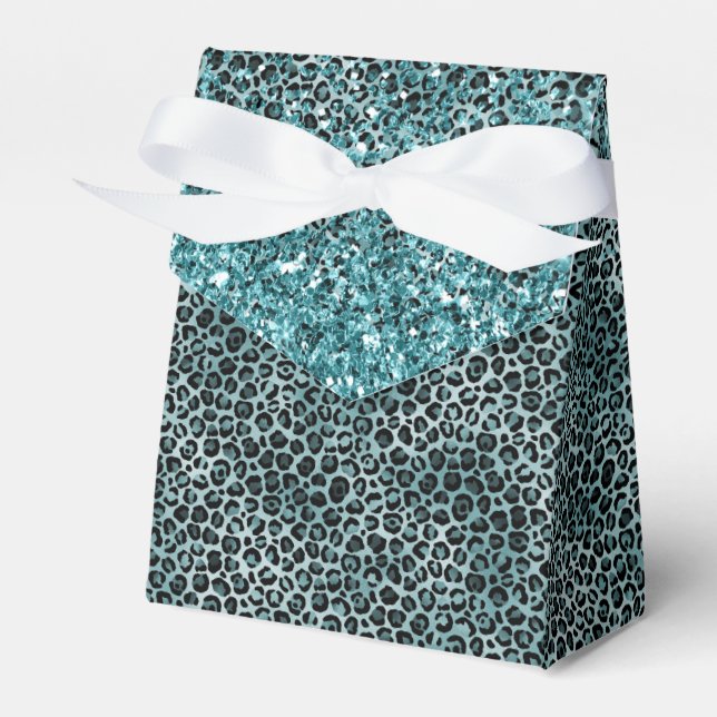 Glam Turquoise Teal Blue Leopard Print Glitter Favour Box (Front Side)