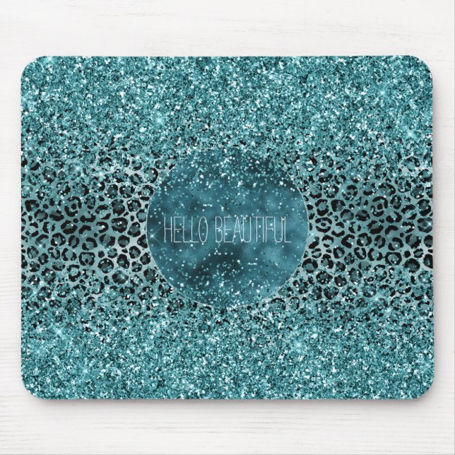 Glam Turquoise Teal Blue Leopard Print Glitter Mouse Pad (Front)