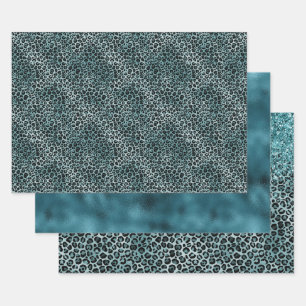 Glam Turquoise Teal Blue Leopard Print Glitter Wrapping Paper Sheet