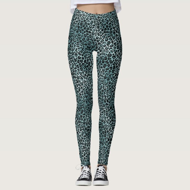 Glam Turquoise Teal Blue Leopard Print Leggings (Front)