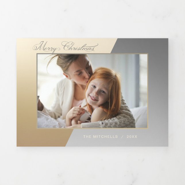 Glam Two-Tone Gold/Silver Calligraphy Photo Tri-Fold Card (Cover)