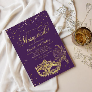 Glam Violet Gold Glitter Masquerade Birthday Invitation