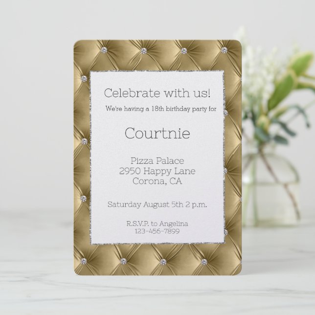Glam Warm Gold Faux Velvet Birthday  Invitation (Standing Front)