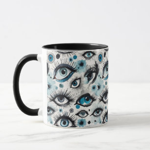 Glam Watercolor Eyes and Lashes Floral in Blue Mug