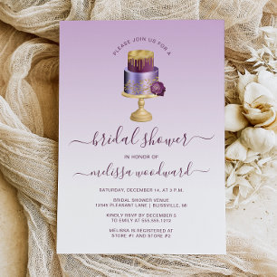 Glam Wedding Cake Purple Gold Bridal Shower Invitation
