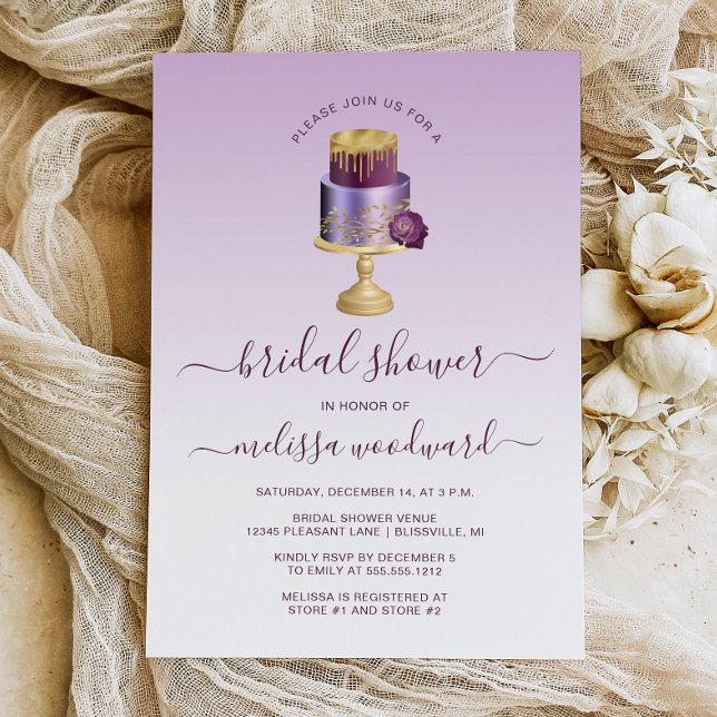Glam Wedding Cake Purple Gold Bridal Shower Invitation (Creator Uploaded)
