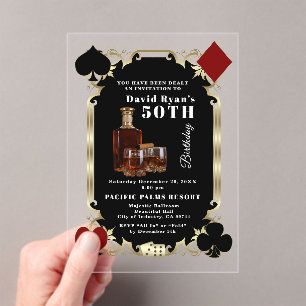 Glam Whiskey And Cigar Casino 50th Birthday Party  Acrylic Invitations