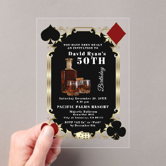 Glam Whiskey And Cigar Casino 50th Birthday Party Acrylic Invitations