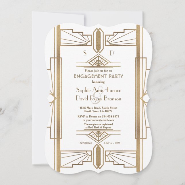 Glam White 1920s Great Gatsby Engagement Party Invitation (Front)