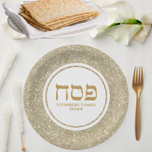 Glam White and Gold Glitter Jewish Passover Paper Plate