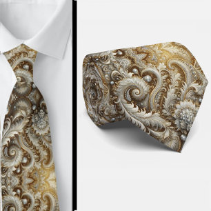 Glam White and Gold Lace Paisley Diamond Neck Tie