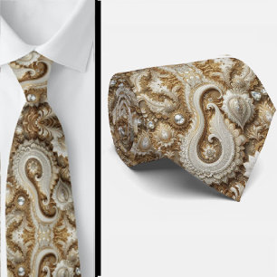 Glam White and Gold Lace Paisley Diamond Neck Tie