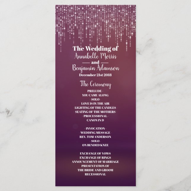 Glam White Fairy Light Purple pink Wedding Program (Front)