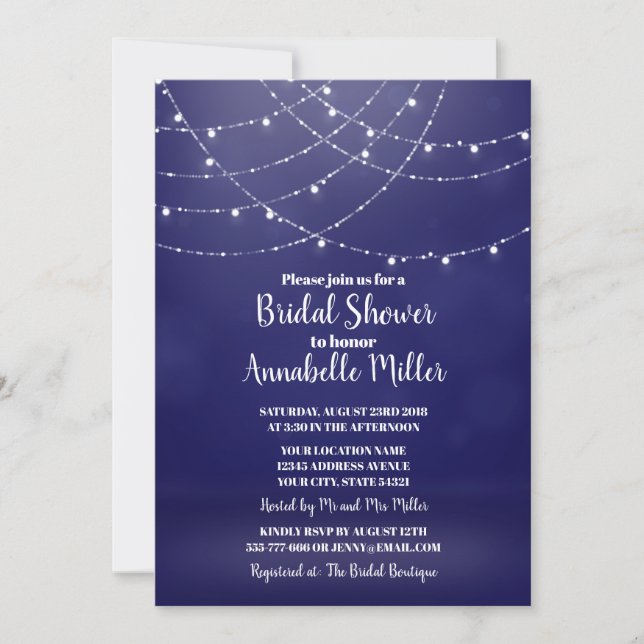 Glam White Fairy Lights Blue Bridal Shower Invitation (Front)