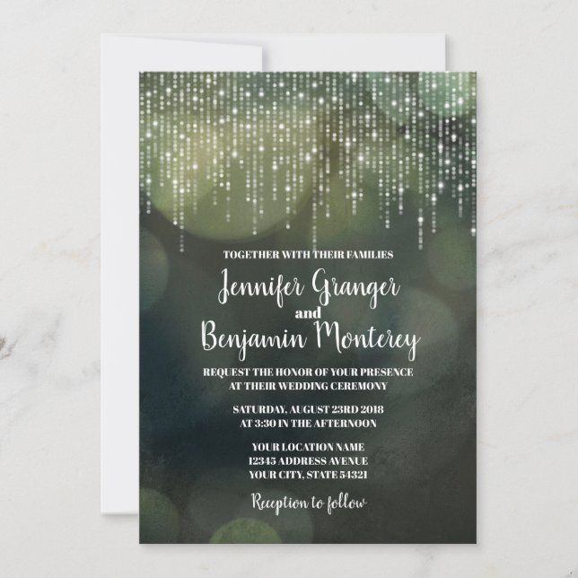 Glam White Fairy Lights green BOKEH Wedding Invitation (Front)
