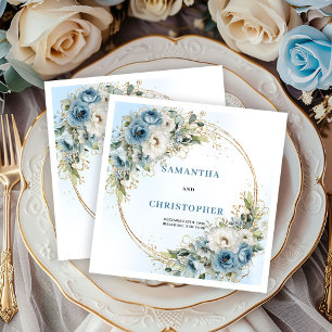 Glam White Flowers Blue Gold Wedding Napkins