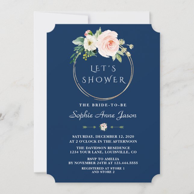 Glam White Flowers Gold Frame Blue Bridal Shower Invitation (Front)