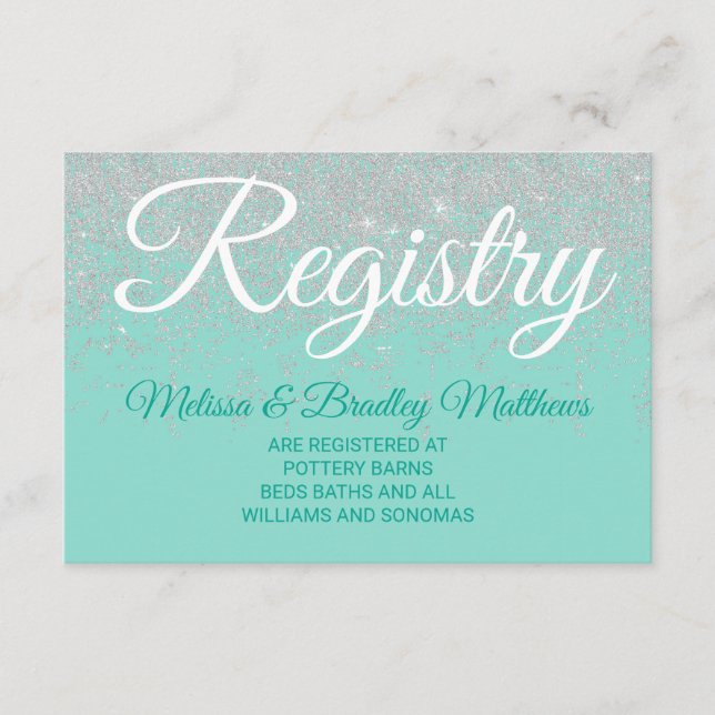 Glam White Glitter Sparkles Teal Gift Registry Enclosure Card (Front)