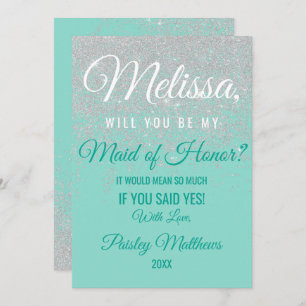 Glam White Glitter Sparkles Teal Maid of Honour Invitation