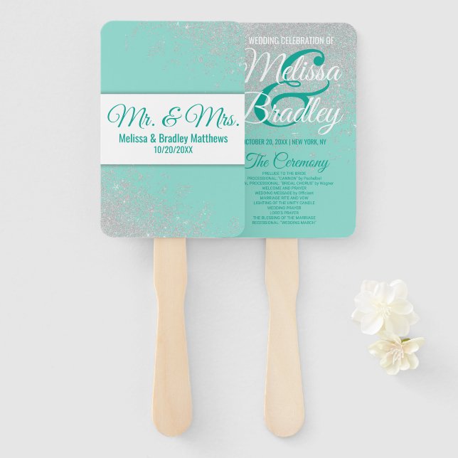 Glam White Glitter Sparkles Teal Wedding Programs Hand Fan (Front and Back)