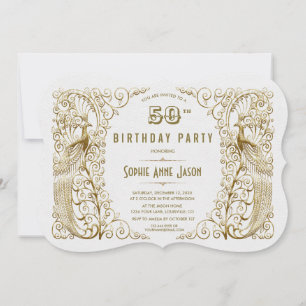 Glam White Gold Art Deco Peacocks 50th Birthday Invitation