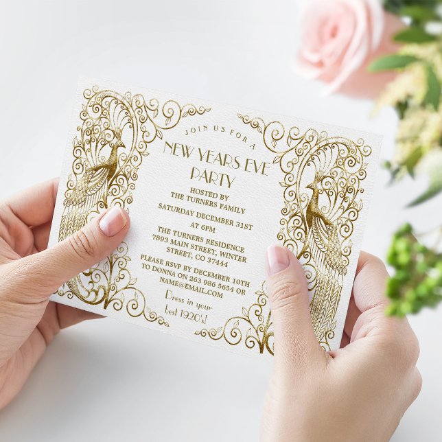 Glam White Gold Art Deco Peacocks New Year's Eve Invitation (New Years eve party invitation, gold peacock Art Deco new year party invite, trendy peacock new year)