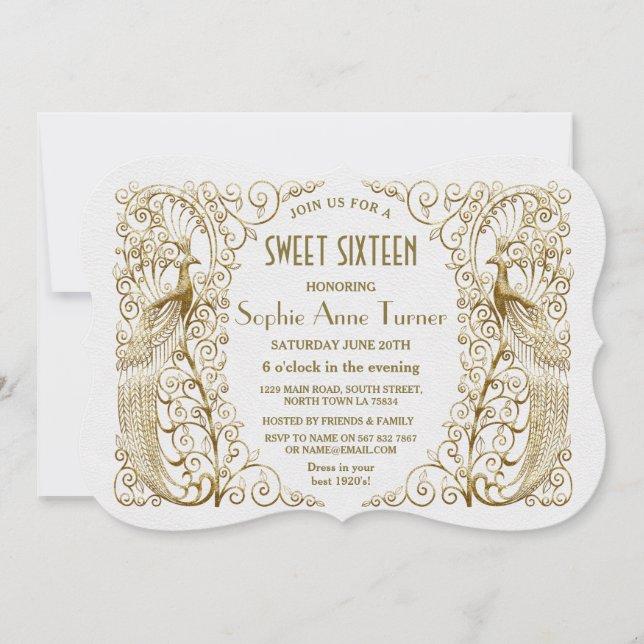 Glam White Gold Art Deco Peacocks Sweet Sixteen Invitation (Front)