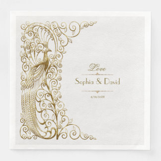 Glam White Gold Art Deco Peacocks Wedding Napkin