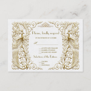 Glam White Gold Art Deco Peacocks Wedding RSVP