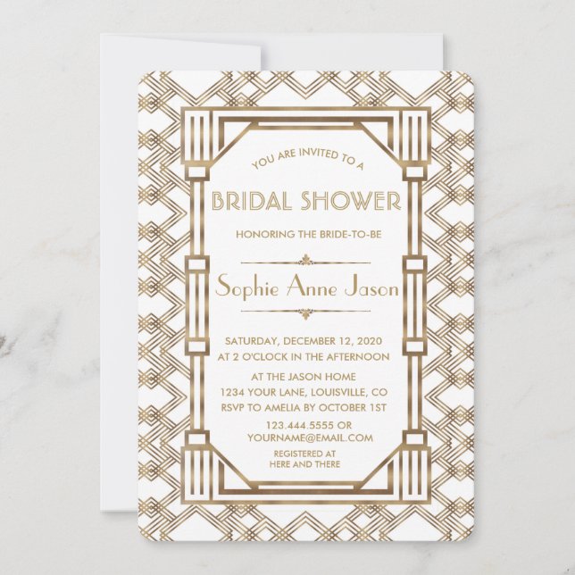 Glam White Gold Great Gatsby Bridal Shower Invitation (Front)