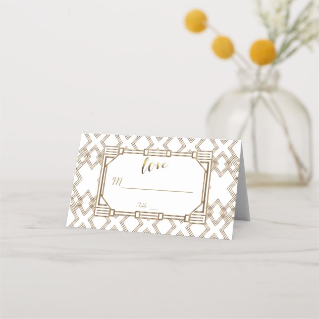Glam White Gold Great Gatsby Wedding Place Card (Front)