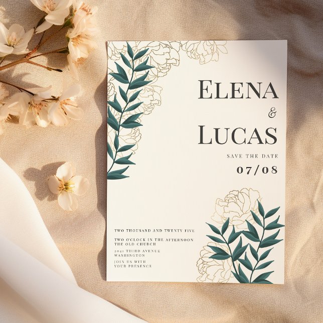 Glam white gold green peonies leaf floral wedding invitation (Glam white gold green peonies leaf floral wedding)