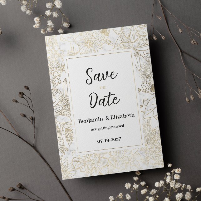 Glam white gold grey marble floral Save the Date  Invitation (Glam white gold gray marble floral Save the Date)