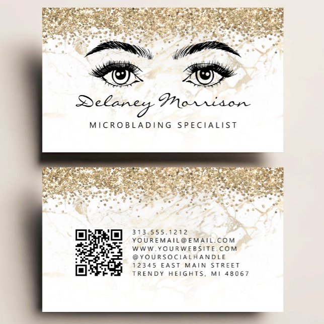 Glam White Gold Marble Eyes QR Code Microblading Business Card (Creator Uploaded)