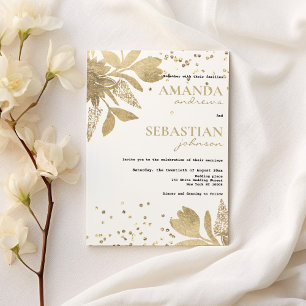 Glam white gold typography confetti floral Wedding Invitation