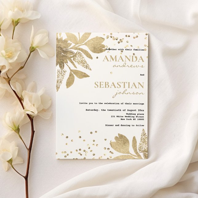 Glam white gold typography confetti floral Wedding Invitation (Glam white gold typography confetti floral Wedding )