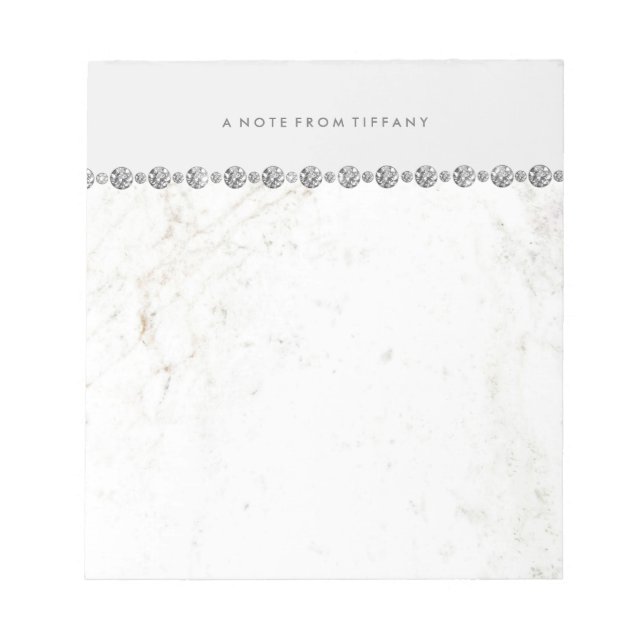 Glam White Marble and Diamond Look on Soft Grey Notepad (Front)