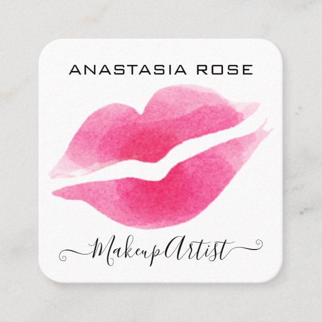 Glam White & Pink Lips Kiss Lipstick Makeup Artist Square Business Card (Front)