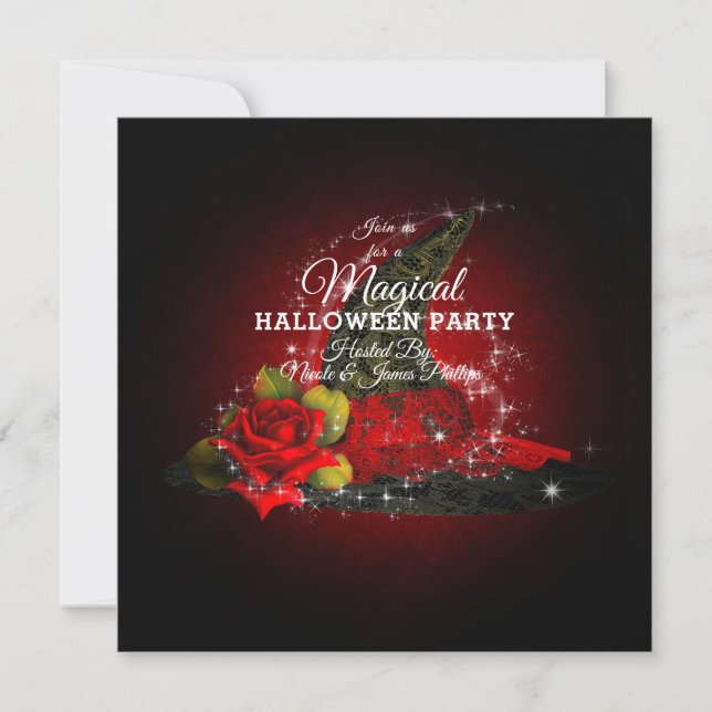 Glam Witch Hat Lacy Black & Red Sparkle Party Invitation (Front)