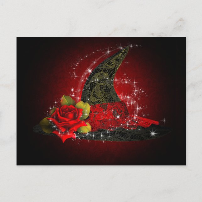 Glam Witch Hat Lacy Black & Red Sparkle Party Invitation Postcard (Front)