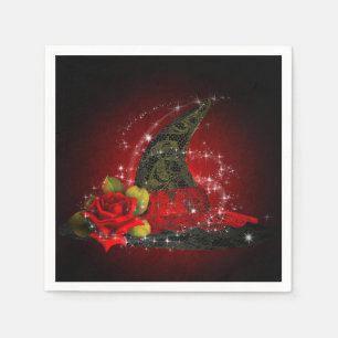 Glam Witch Hat Lacy Black & Red Sparkle Party Napkin