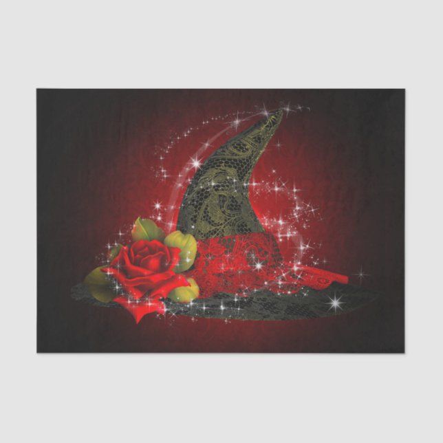 Glam Witch Hat Lacy Black & Red Sparkle Party Tissue Paper (Front)