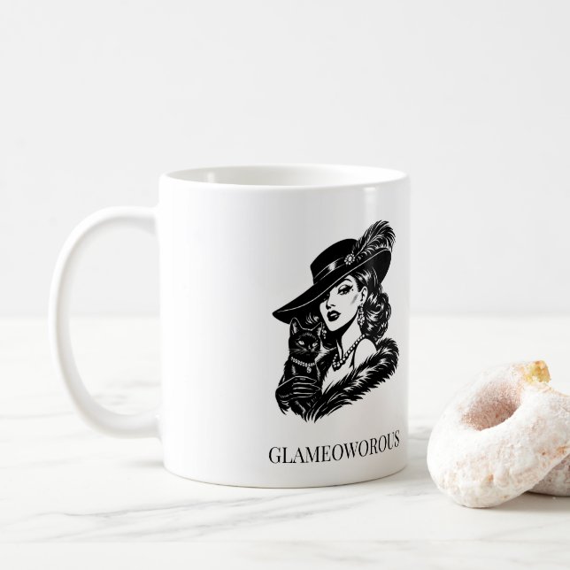 Glam Woman with Cat Fashion Illustration Coffee Mug (With Donut)