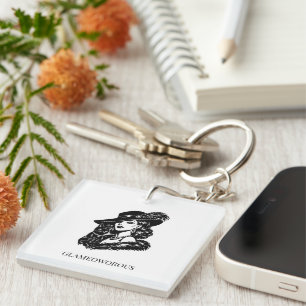 Glam Woman with Cat Fashion Illustration Key Ring