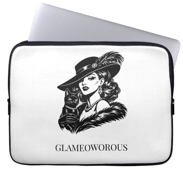 Glam Woman with Cat Fashion Illustration Laptop Sleeve (Front)