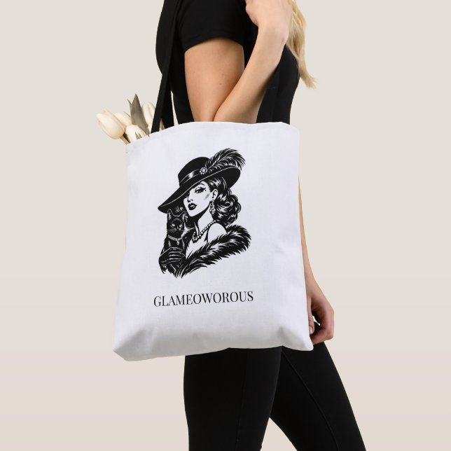 Glam Woman with Cat Fashion Illustration Tote Bag (Close Up)